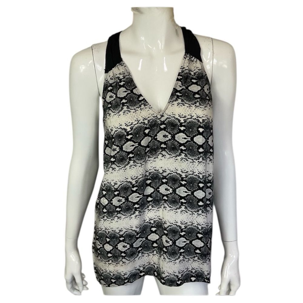 Madison Marcus 100% Silk Black Cream Snake Skin Print Rackerback Blouse Sz S